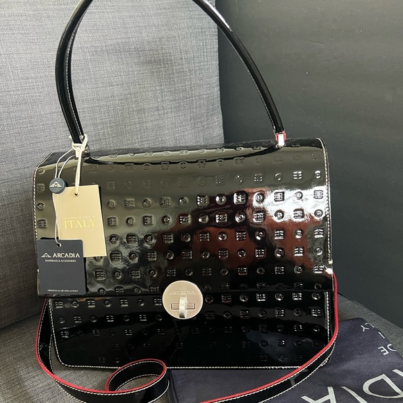 NWT ARCADIA 1473 PATENT LEATHER SATCHEL HANDBAG PURSE MADE IN ITALY - Picture 10 of 11